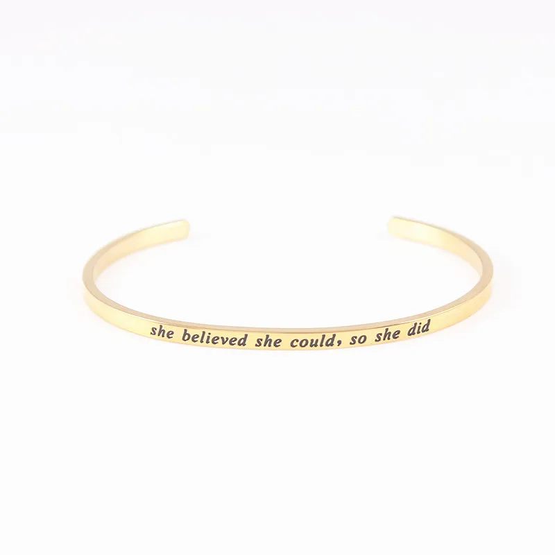"she believed she could so she did" Stainless Steel Gold Message ID Bangle Inspirational Quote Hand imprint Cuff Mantra Bracelet
"she believed she could so she did" Stainless Steel Gold Message ID Bangle Inspirational Quote Hand imprint Cuff Mantra Bracelet