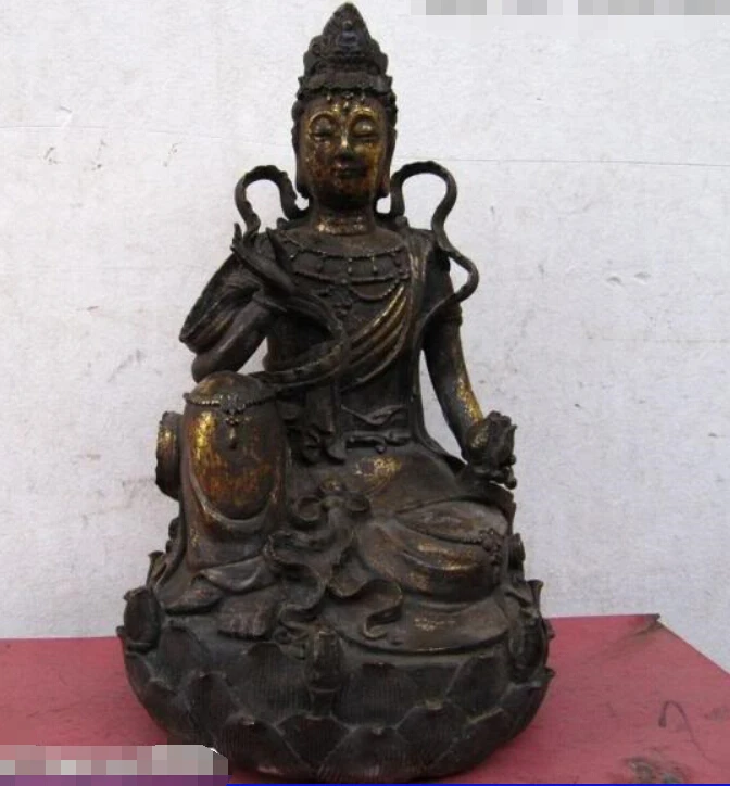 10"Tibet classical Bronze lotus flower Fastdom Kwan-Yin Guan Bodhisattva statue