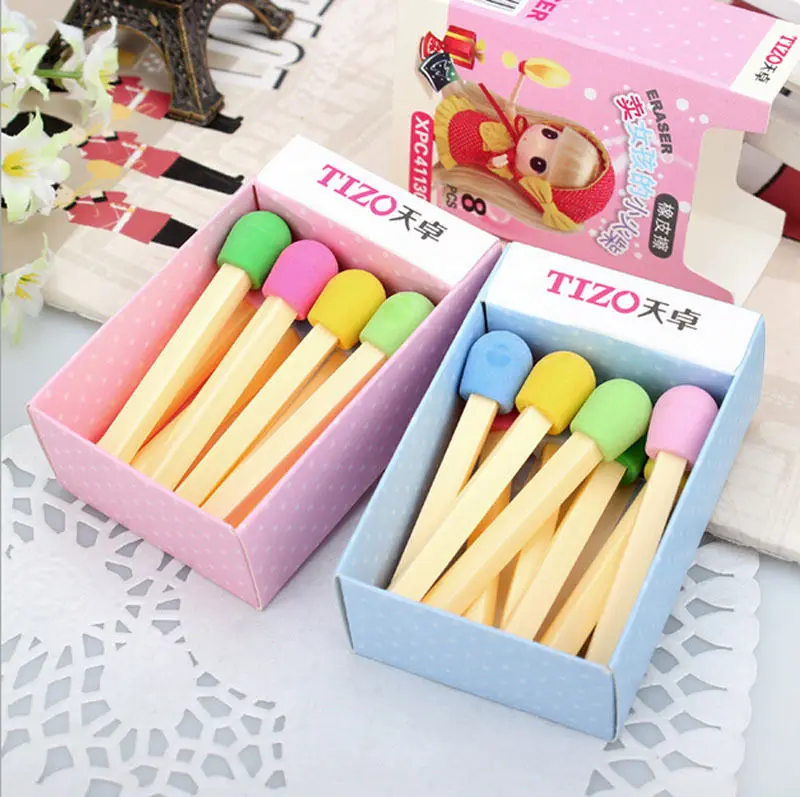 

8 pcs/lot (1 box) Cute Kawaii Matches Eraser Lovely Colored Eraser for Kids Students Kids Creative item Gift