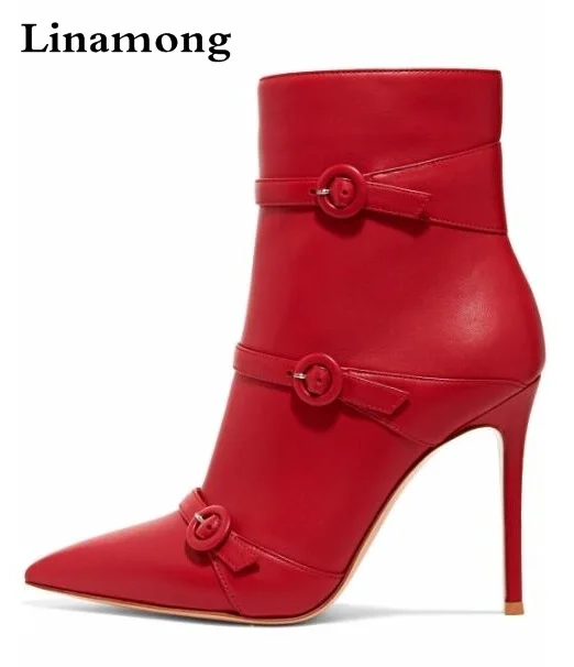 

Spring New Brand Women Sexy Red Black Zip Side Pointed Toe 100 mm Buckled Leather Ankle Boots Stiletto Heels Short Booties 35-42