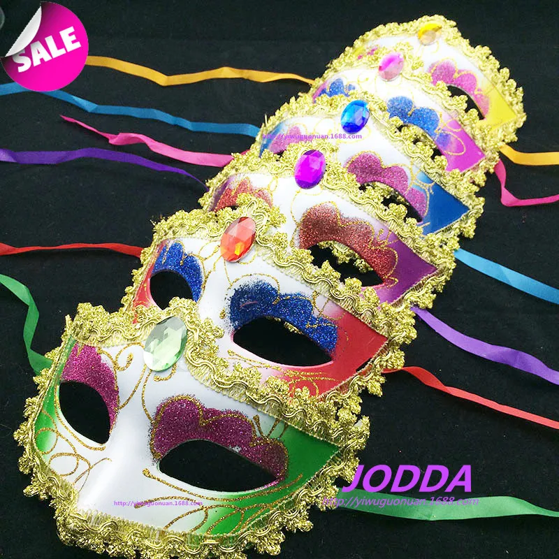 Image 2016 fashion mask gold shining plated party mask wedding props masquerade mardi gras mask with Rhinestone Lace 6pcs mix color