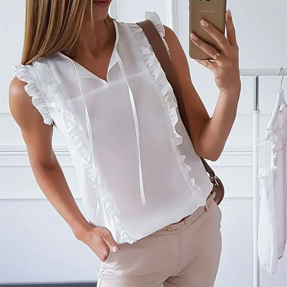 Women Office Ruffle Shirt Tank Top Summer Sleeveless V Neck OL Ladies Loose Blouse Tunic Tops Summer Clothing
Women Office Ruffle Shirt Tank Top Summer Sleeveless V Neck OL Ladies Loose Blouse Tunic Tops Summer Clothing