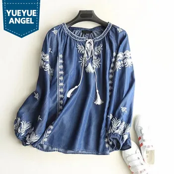 Tassel Lace Up Embroidery Denim Shirts for Women Spring Fall New O-Neck Long Sleeve Blouse Feminina Casual Loose Fit Tops
Tassel Lace Up Embroidery Denim Shirts for Women Spring Fall New O-Neck Long Sleeve Blouse Feminina Casual Loose Fit Tops