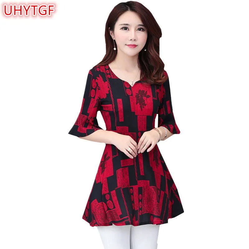 UHYTGF Summer Chiffon Shirt Womens clothing Medium length Wild Short sleeve v-neck printing Mothers clothes Loose Tops Shirts145 |