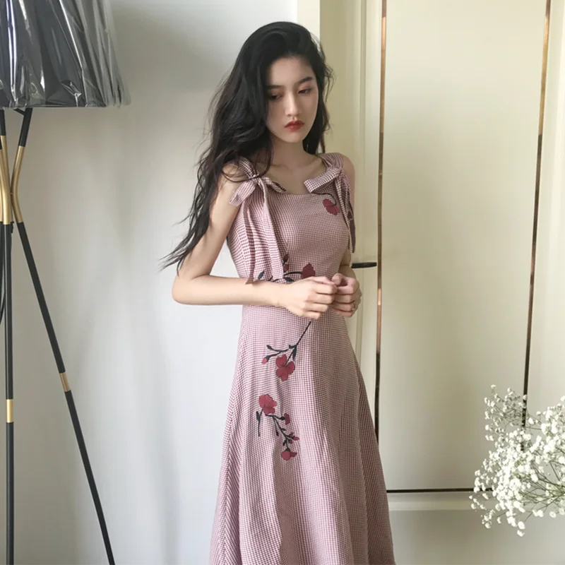 Lychee Girls Plaid Flower Embroidery Lace Up Sleeveless Summer Women Dress Long Causal A Line Female | Женская одежда
