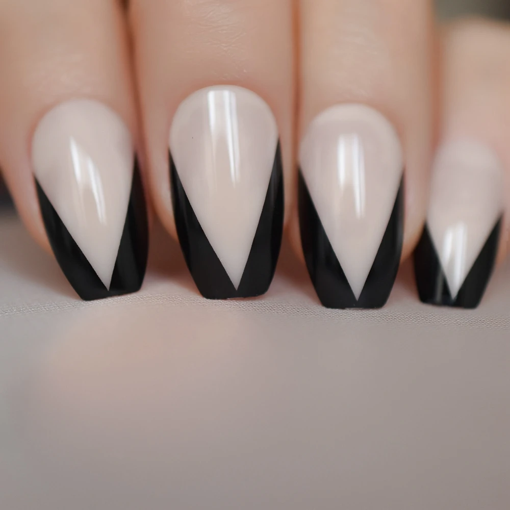 Телесный цвет французский ногтей смешанный черный V форма поддельные ногти ...