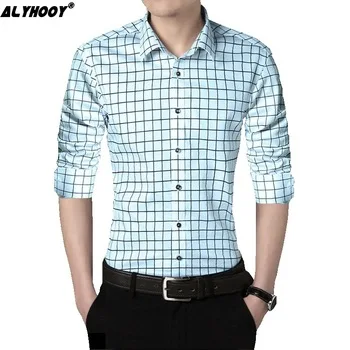 2017 Casual Men Plaid Shirt Top Fashion Long Sleeve Cotton Shirt Slim Plus Size Business Chemise Homme Men Dress Shirt