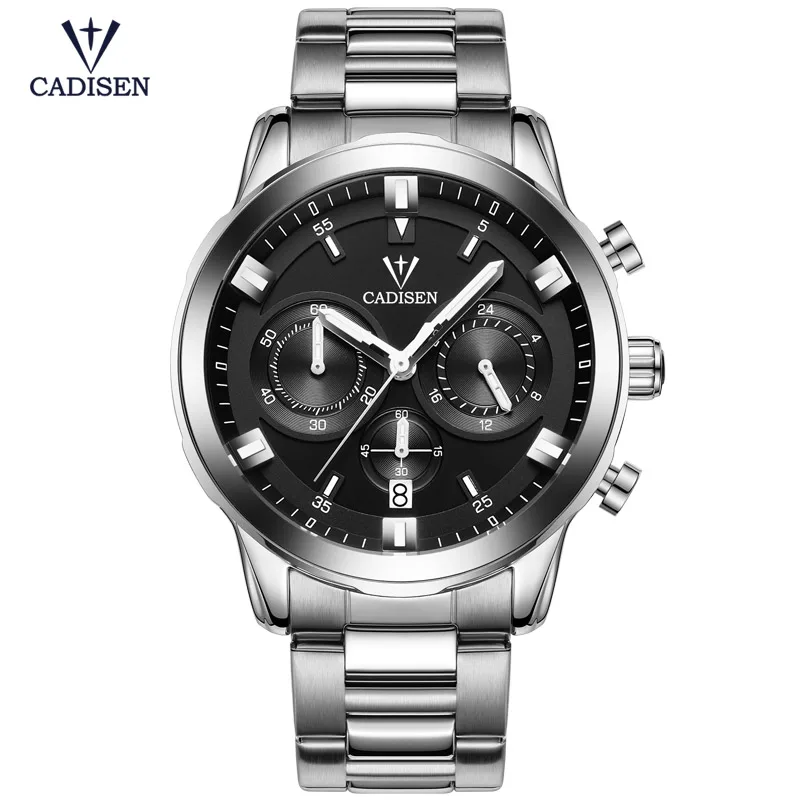 

Cadisen Men's Black Stainless Steel Quartz Watches Chronograph 24-hour Display Analogue Wristwatches for Boys Luminous CS9011