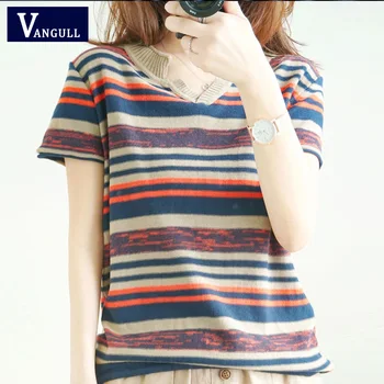 VANGULL 2019 Summer New Women Casual Short Sleeve Pullovers Female Knitted Striped V-neck Striped Sweater Jumper Hot Tops Girl
VANGULL 2019 Summer New Women Casual Short Sleeve Pullovers Female Knitted Striped V-neck Striped Sweater Jumper Hot Tops Girl