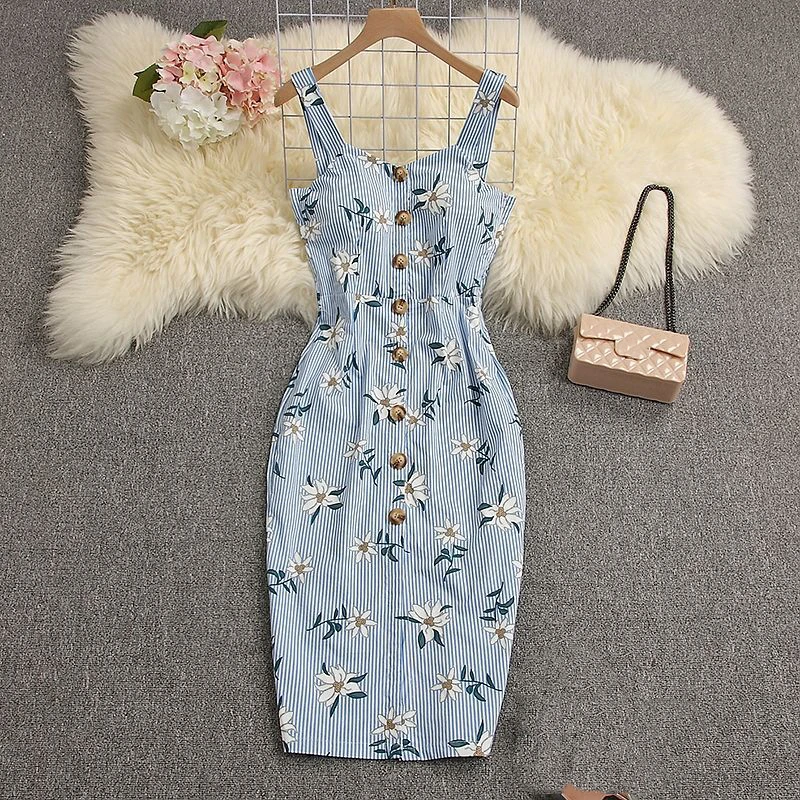 Women Printed Sweet Dress Chic Floral Print Sleeveless Button pencil Dress Summer Female Square Collar Casual Knee-length Dress
Women Printed Sweet Dress Chic Floral Print Sleeveless Button pencil Dress Summer Female Square Collar Casual Knee-length Dress