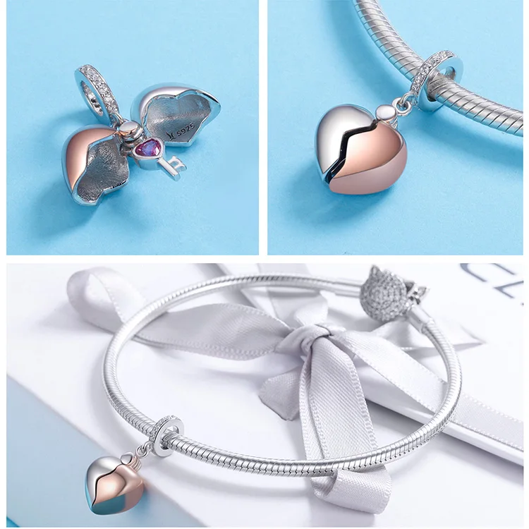 WOSTU Hot Sale Pure 925 Sterling Silver Open Heart Rose Gold Key Charms Beads Fit Bracelet Necklace DIY Jewelry Fashion CQC844 WOSTU Hot Sale Pure 925 Sterling Silver Open Heart Rose Gold Key Charms Beads Fit Bracelet Necklace DIY Jewelry Fashion CQC844