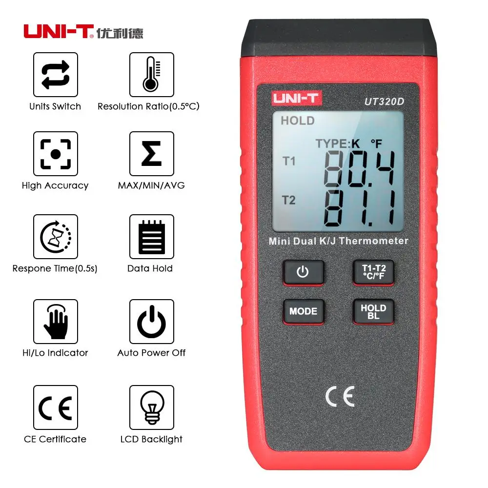 

UNI-T UT320A UT320D Mini Contact Type Thermometer K/J Thermocouple Probe Selection With LCD Backlight Temperature Measurement