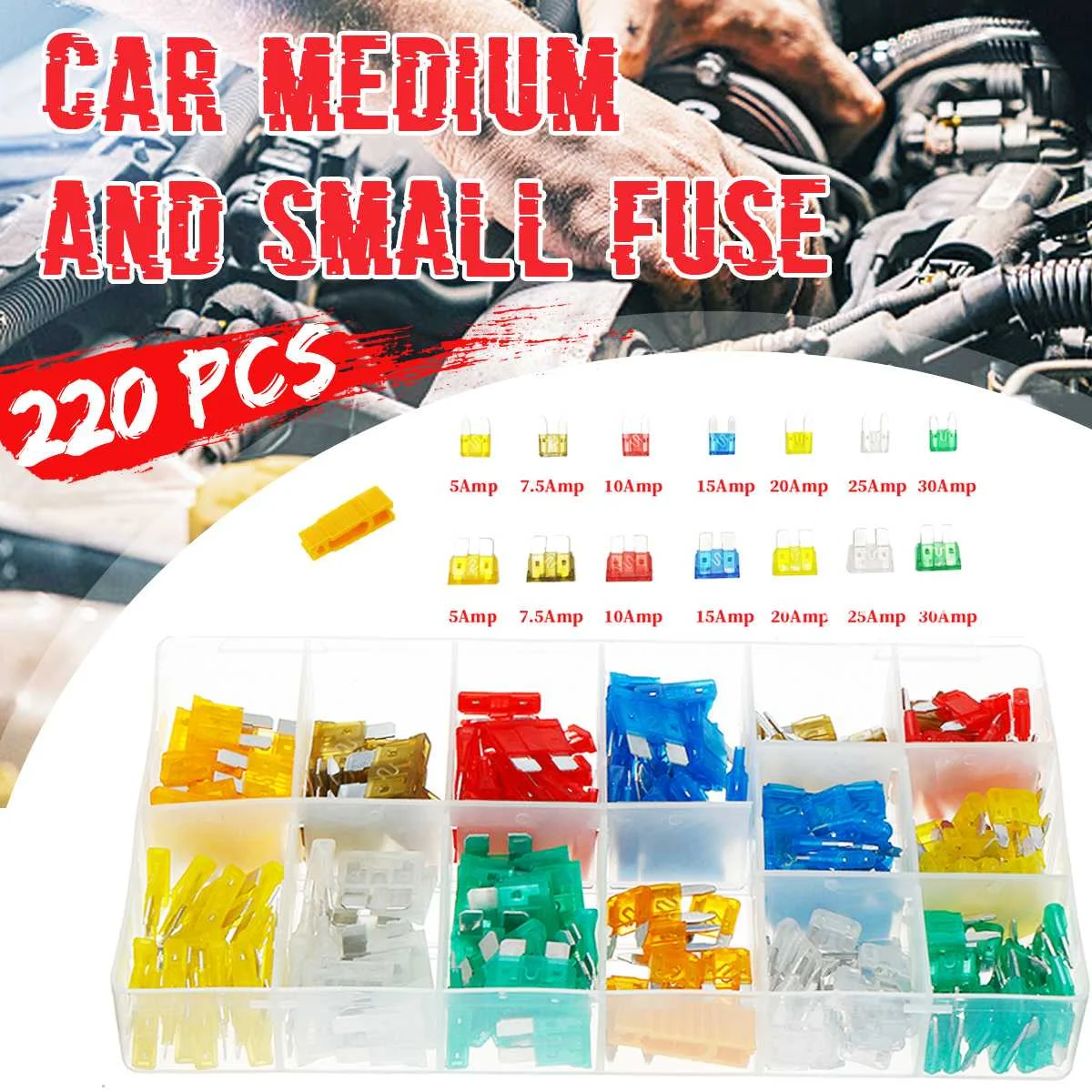 

220Pcs 5-30A Mini Standard Auto Blade Fuses Car Motor Van Fuse Set 5/7.5/10/15/20/25/30AMP with Box Clip Assortment