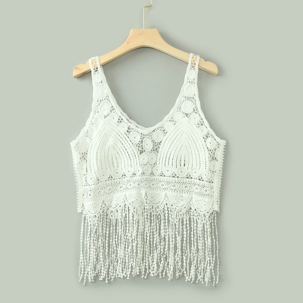 

White Fringe Hem Guipure Lace Tank Top Tassel Deco Women 2019 Summer Tanks Hollow Out Sexy Minimalist Basics Tank Top Haut Femme