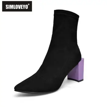 SIMLOVEYO Winter autumn shoe women Sock boots Pointed toe Strange heel Slip on Flock Botas feminino mujer Black ankle boot A1400 
SIMLOVEYO Winter autumn shoe women Sock boots Pointed toe Strange heel Slip on Flock Botas feminino mujer Black ankle boot A1400