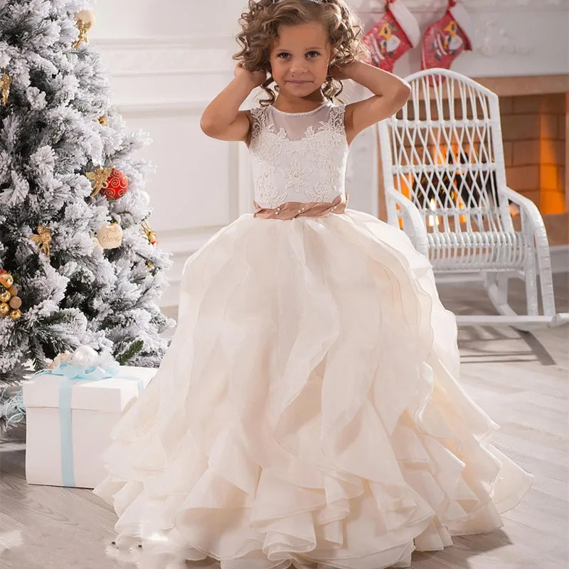 

Elegant Flower Girl Dresses Sleeveless O-Neck Sashes Cascading Kids Princess Girls First Communion Party fluffy Dresses