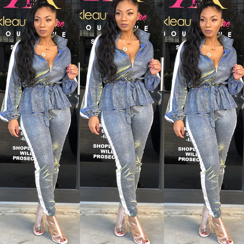 Women Sliver Glitter Two Piece Sets Winter Long Sleeve Drawstring Ruffles Peplum Tops and Long Pants Suits Matching Set Outfits
Women Sliver Glitter Two Piece Sets Winter Long Sleeve Drawstring Ruffles Peplum Tops and Long Pants Suits Matching Set Outfits