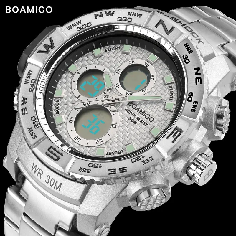 

S SHOCK Men Sport Watch Steel LED Digital Watch Analog Quartz Watch BOAMIGO Brand Chronograph Clock 30M Waterproof Reloj Hombre