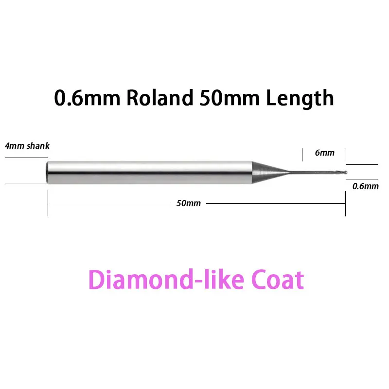 50mm Length 0.6mm Ball Diameter Roland CADCAM Diamond-like Coat DLC Carbide Milling burs