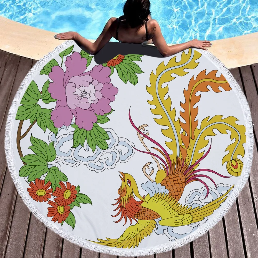 

Phoenix and Flowers Printed Large Round Beach Towel Microfiber Summer Soft Bath Towel Yoga Mat 150cm Blanket Absorbent Tapestry