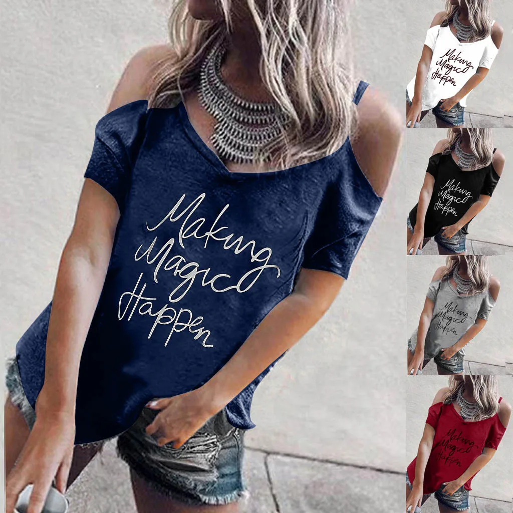 2019 Ladies casual V-neck T-shirt summer girl off-the-shoulder casual letter printing short-sleeved loose women's T-shirt top mu
2019 Ladies casual V-neck T-shirt summer girl off-the-shoulder casual letter printing short-sleeved loose women's T-shirt top mu