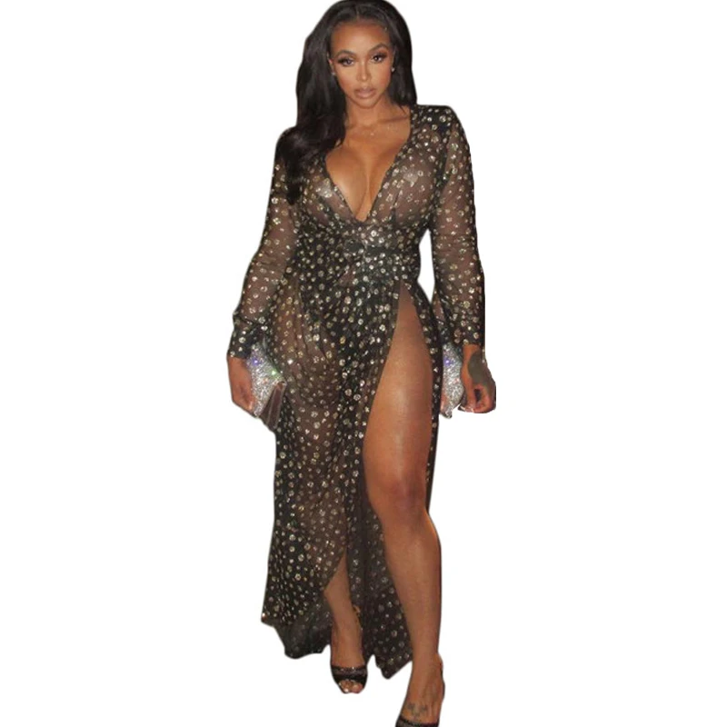 Autumn Women See Through Black Long Maxi Dress Sexy V-Neck Long Sleeve Backless High Split Dot Glitter Evening Party Dresses
Autumn Women See Through Black Long Maxi Dress Sexy V-Neck Long Sleeve Backless High Split Dot Glitter Evening Party Dresses