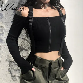 Weekeep Black Slash Neck Cropped t shirt Adjustable Strap Long Sleeve t shirt 2018 Fashion Streetwear Front Zipper Crop Top
Weekeep Black Slash Neck Cropped t shirt Adjustable Strap Long Sleeve t shirt 2018 Fashion Streetwear Front Zipper Crop Top