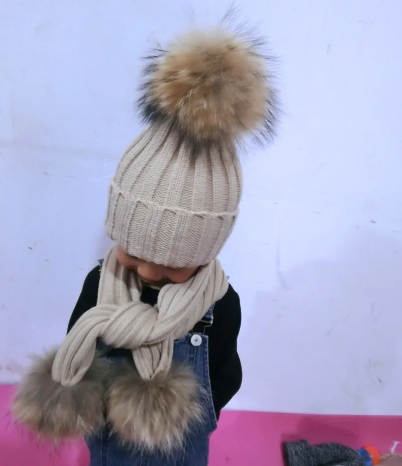 FURANDOWN kids Winter Scarf Hat Sets Children Warm Thick Stretchy Knit Beanie Pom Pom Hat Fur Caps 19