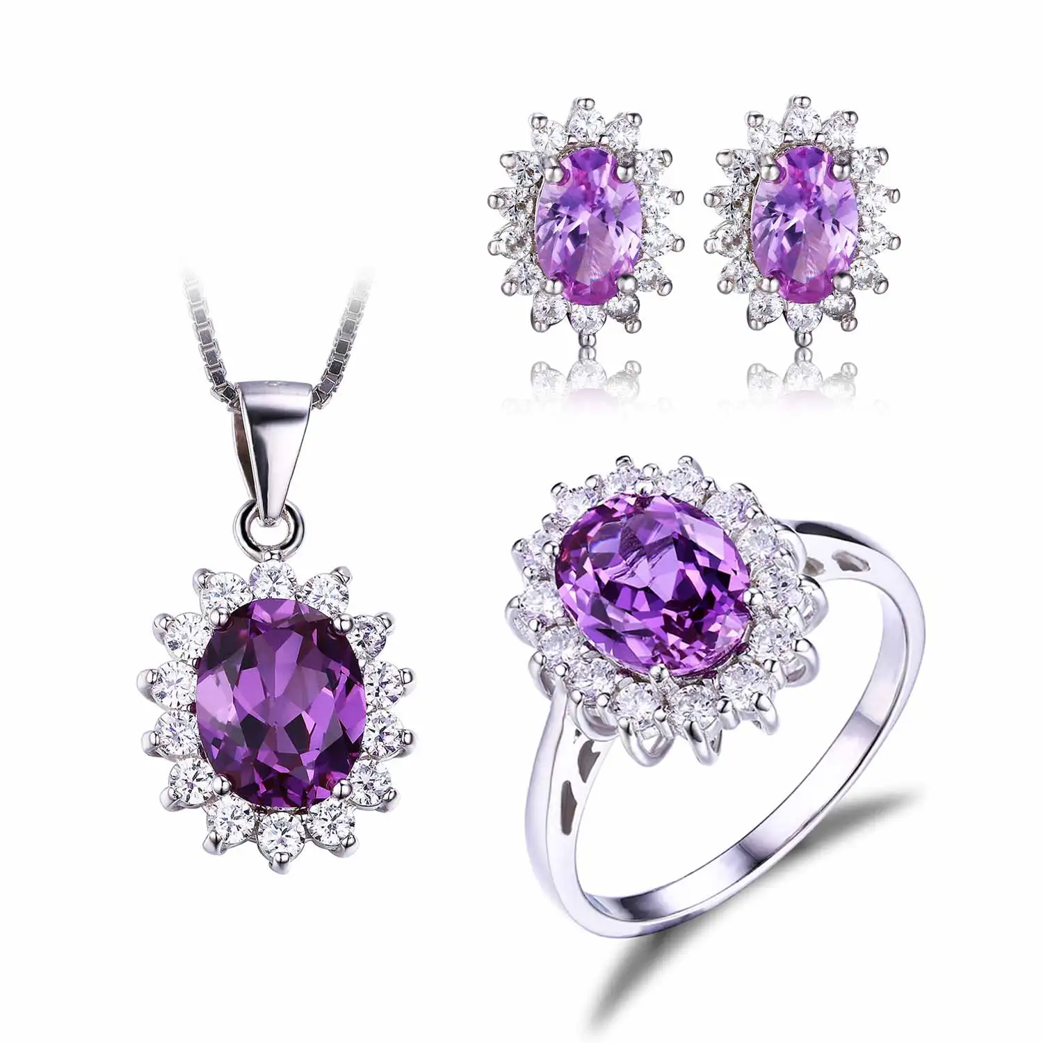 925 Sterling Silver Jewelry Set of Ring & Pendant & Stud Earrings w/ Alexandrite Sapphire