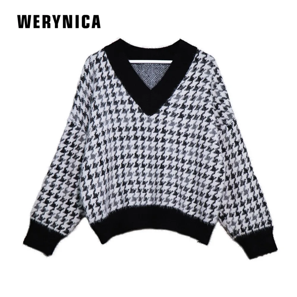 

Werynica New Fashion Winter Sweaters Woman Vintage Loose Plaid V-neck Pullover Warm Cashmere Sweater Female Casual Jumpers