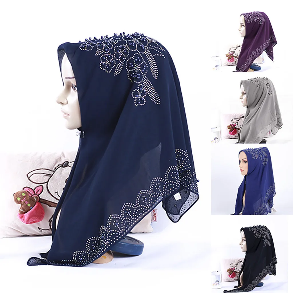 

Woman hijab Solid Rhinestone Beading Sequins Chiffon Silk hijab Shawls Scarf Headscarf Muslim Turban abaya Diamonds Hoofddoek