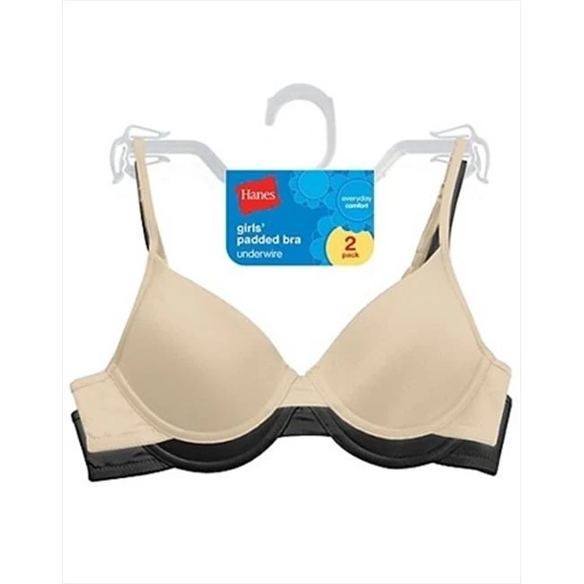 Hanes H126 Girls PaDDed Underwire Bra 2-Pack Size 30 Black And Nude