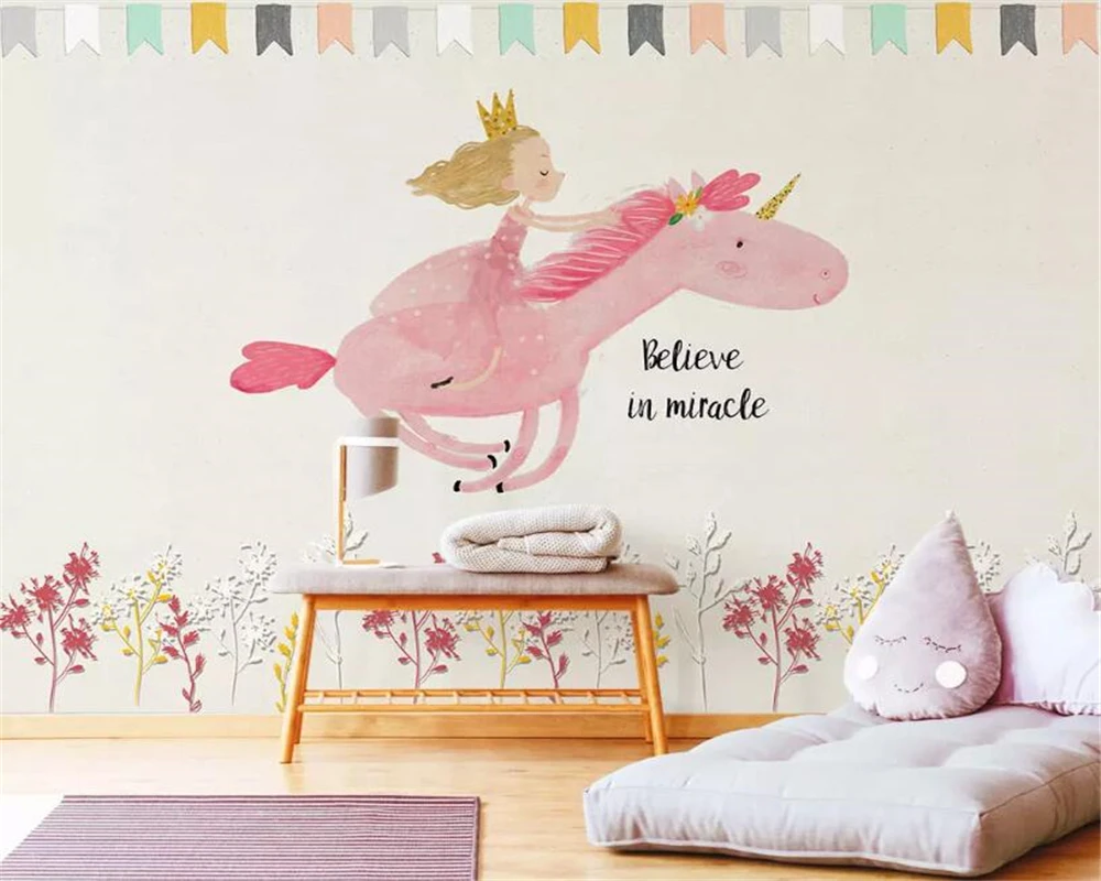 

beibehang Photo mural wallpaper Warm sweet princess unicorn children's room background wall papel de parede 3d wallpaper tapety