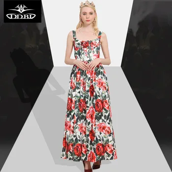 runway dresses 2017 women high quality red roses prnt floor length beach holiday floral spaghetti strap dresses for women 17509