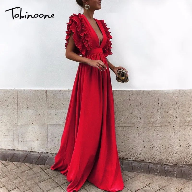 Tobinoone Elegant Deep V Neck Women Long Dresses Ruffles High Waist Solid Dresses Sexy Evening Party Female Vestidos 2018
Tobinoone Elegant Deep V Neck Women Long Dresses Ruffles High Waist Solid Dresses Sexy Evening Party Female Vestidos 2018