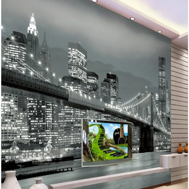 beibehang papel de parede European and American urban landscape black white night photography TV background wall | Обустройство дома