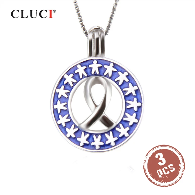 CLUCI 3 шт. 925 пробы серебро надежда аутизма клетка кулон синий подвеска для Wish Pearl