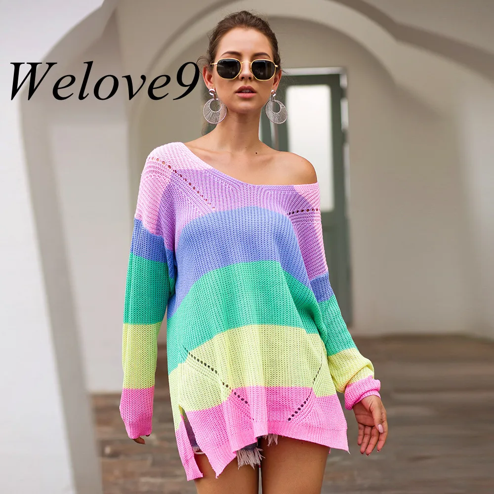 Autumn Winter Thin Multicolor Stripe Women Patchwork Knitted Sweater off shoulder Rainbow Striped Sweaters split loose Knitwear
Autumn Winter Thin Multicolor Stripe Women Patchwork Knitted Sweater off shoulder Rainbow Striped Sweaters split loose Knitwear