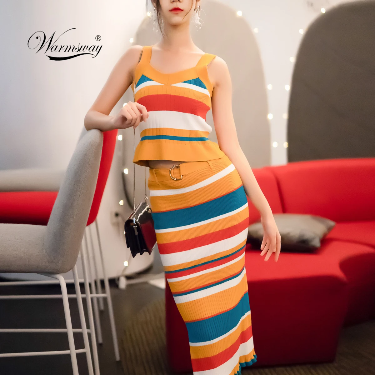 2019 Summer Sexy 2 Pieces Runway Women Striped Knitted Set Luxury V neck Spaghetti strap t shirt+Belt High Elastic Skirt C-206
2019 Summer Sexy 2 Pieces Runway Women Striped Knitted Set Luxury V neck Spaghetti strap t shirt+Belt High Elastic Skirt C-206