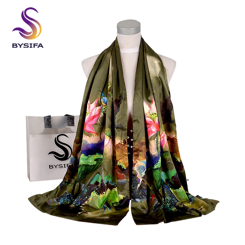 

[BYSIFA] Women Army Green Silk Scarf Shawl Spring Autumn New Lotus Design Long Scarves Chinese Vintage Buttons Ladies Scarves