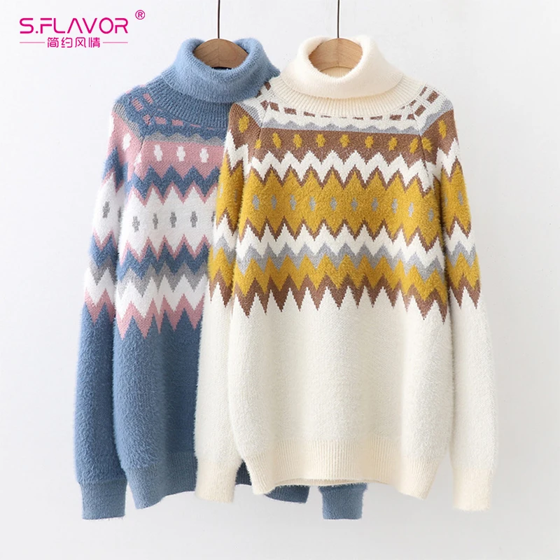 S. FLAVOR женский зимний винтажный свитер с высоким воротом джемперы длинным рукавом