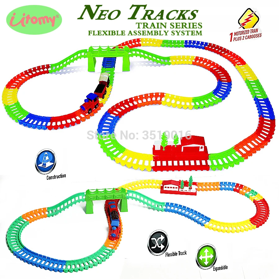 Neo Tracks colorful train Series Flexible Assembly Twister Track System 14 Ft with Accessories 1 motorized train plus 2 cabooses
Neo Tracks colorful train Series Flexible Assembly Twister Track System 14 Ft with Accessories 1 motorized train plus 2 cabooses