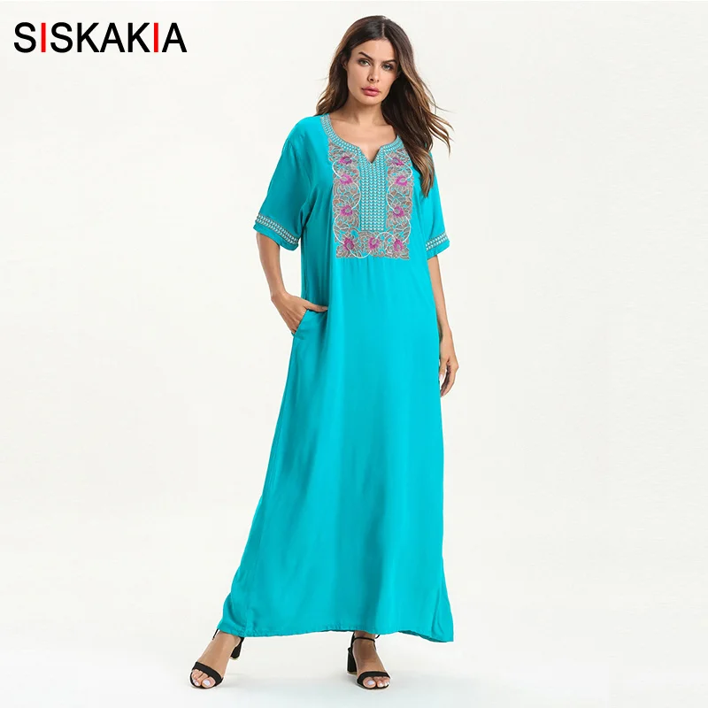 Siskakia Floral Print Ethnic Embroidery Women Long Dress Summer 2019 Female Muslim Casual Short Sleeve Pocket Maxi Dress Blue
Siskakia Floral Print Ethnic Embroidery Women Long Dress Summer 2019 Female Muslim Casual Short Sleeve Pocket Maxi Dress Blue