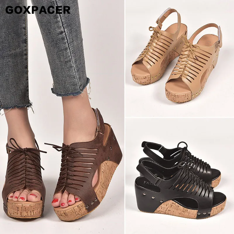 

GOXPACER 2019 Wedge heel Women shoes Summer sandals Casual shoes Going out Fashion Crossover strap Peep-toe All-match Pinch