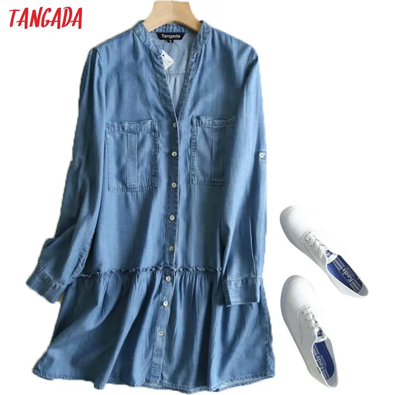Tangada women denim pleated dress long sleeve V-neck 2019 vintage autumn ladies shirt dress vestidos 2P11
Tangada women denim pleated dress long sleeve V-neck 2019 vintage autumn ladies shirt dress vestidos 2P11