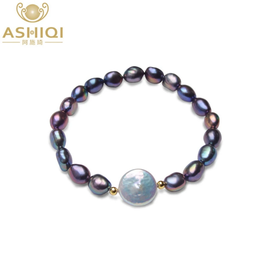 ASHIQI Big 12-13mm Button Freshwater Pearl Bracelets Natural Black Baroque Pearl for women with 925 Sterling Silver Bead 
ASHIQI Big 12-13mm Button Freshwater Pearl Bracelets Natural Black Baroque Pearl for women with 925 Sterling Silver Bead