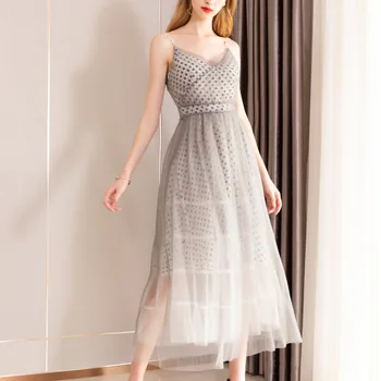 Chiffon Polka Dot Dress Mesh Long Strapless Slip Dresses V Neck Runway Party Dress Women Summer sukienka Luxury Grey High Waist
Chiffon Polka Dot Dress Mesh Long Strapless Slip Dresses V Neck Runway Party Dress Women Summer sukienka Luxury Grey High Waist