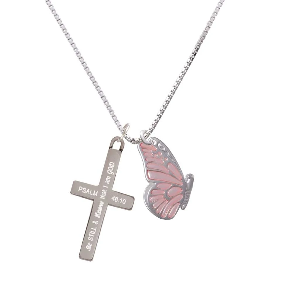 Large Translucent Pink Flying Butterfly - Be Still and Know - Cross Necklace