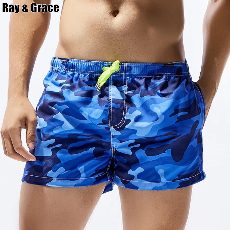 Фото RAY GRACE Mens Beach Shorts Camouflage Breathable Beachwear With Pockets Summer Bermuda Surfing Board Swimming Swimsuit |