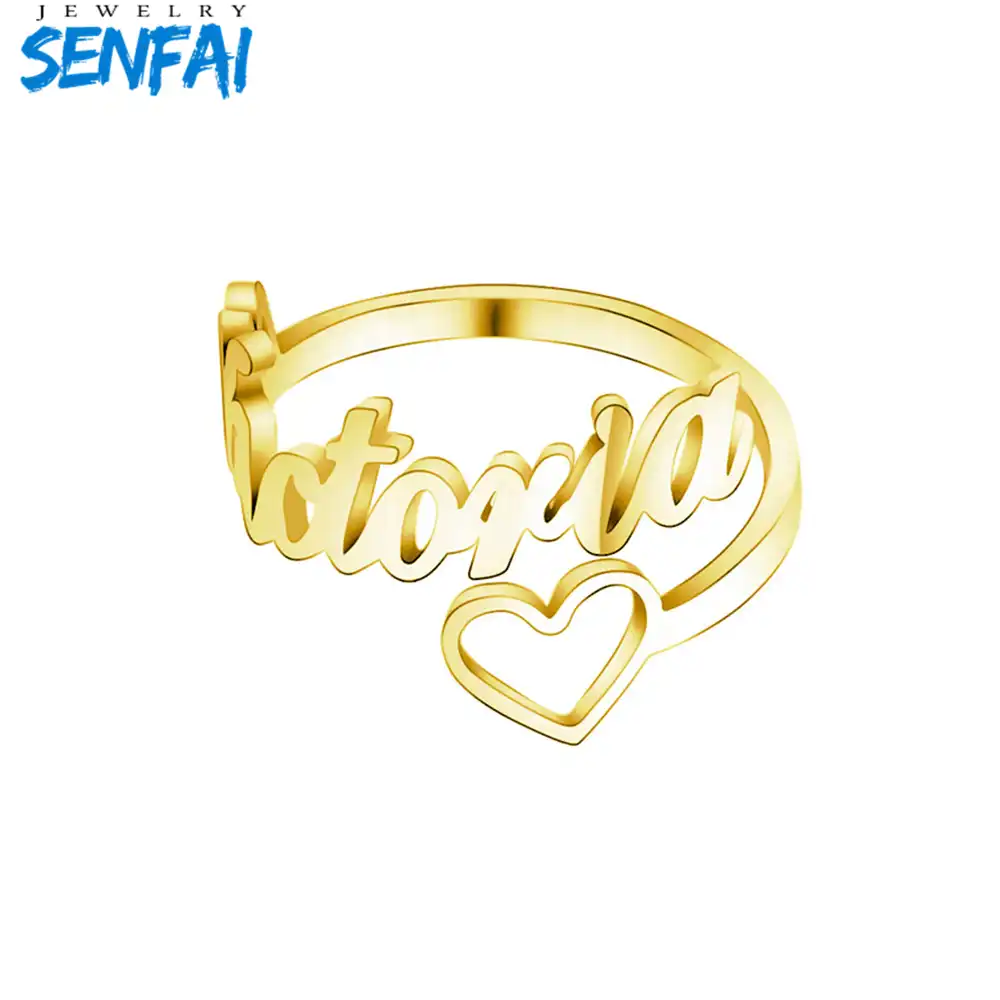 custom heart name ring adjustable size stainless steel rose gold